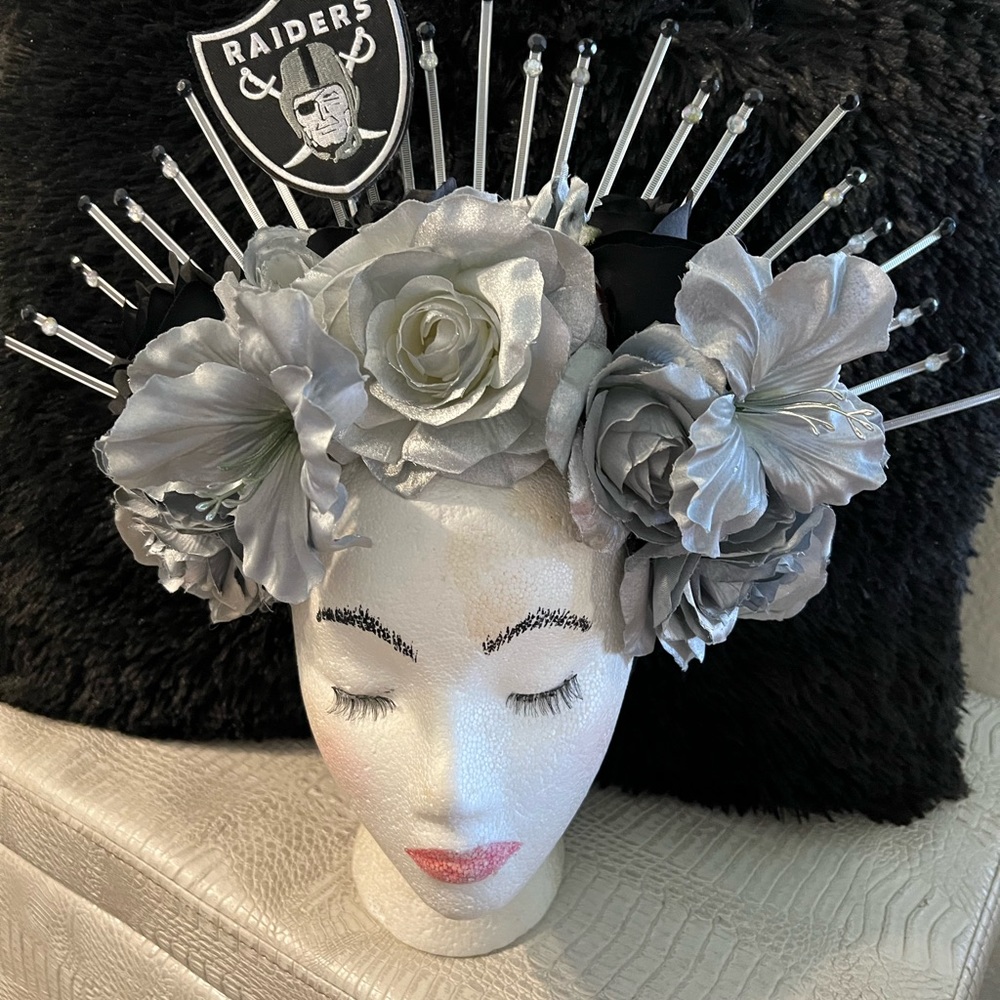 Halo headpiece on fabric headpiece & fabric flowers with rhinestones.